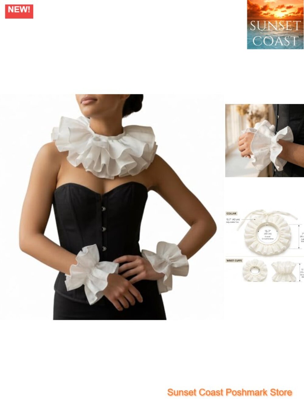 Victorian Ruffle Collar Wrist Cuffs Set Natural Linen Pierrot Costume